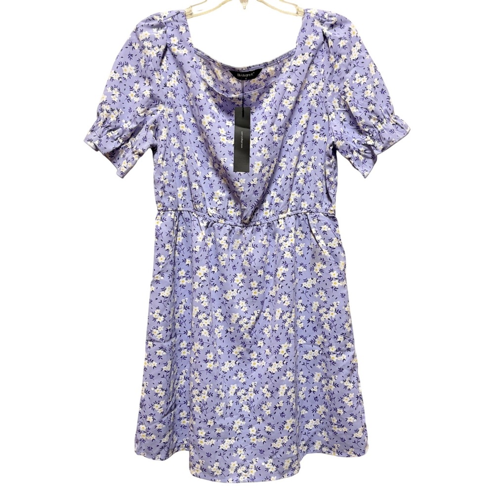 Allegra K Lavender Floral Square Neck Mini Dress Puff Sleeve Purple Daisy Medium